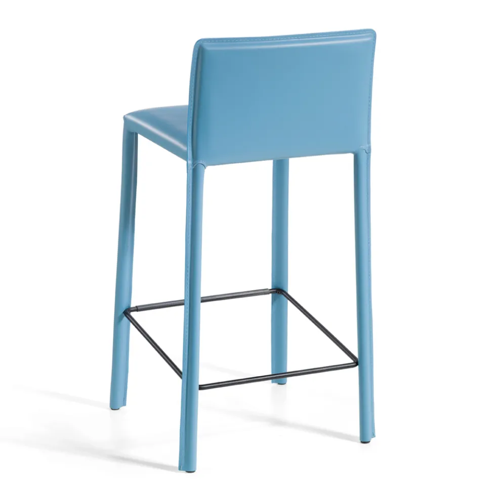 Hocker mit niedriger Rückenlehne aus blauem Leder, hergestellt in Italien – Delfino