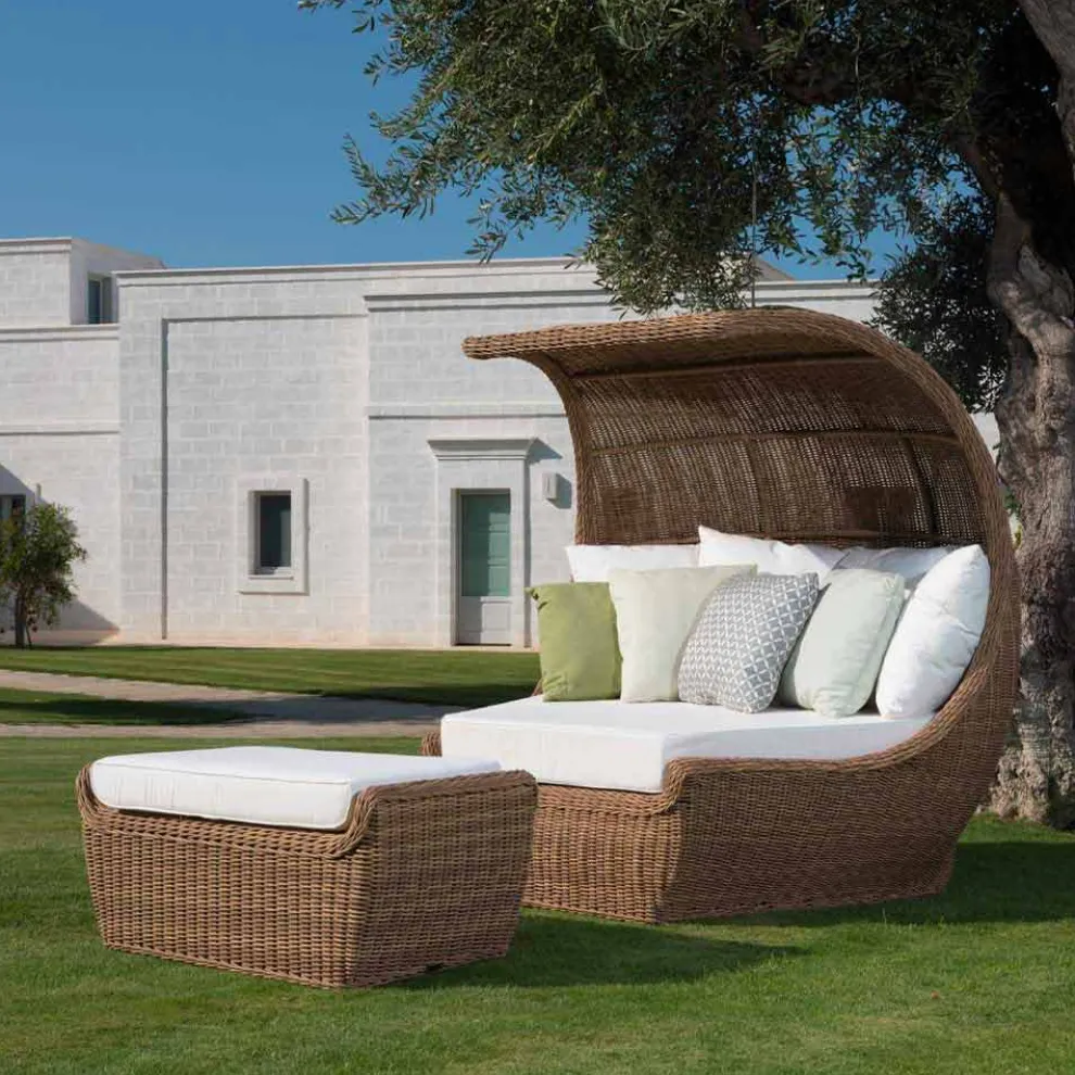 Hocker Outdoor Bank in gewebtem synthetischem Rattan Luxus Design - Yves