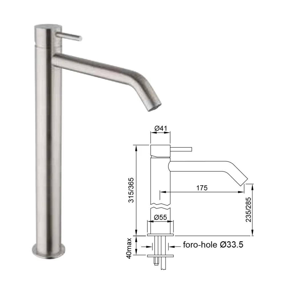 Hoher Waschtischmischer mit langem Auslauf aus AISI 316L-Stahl - Artigli