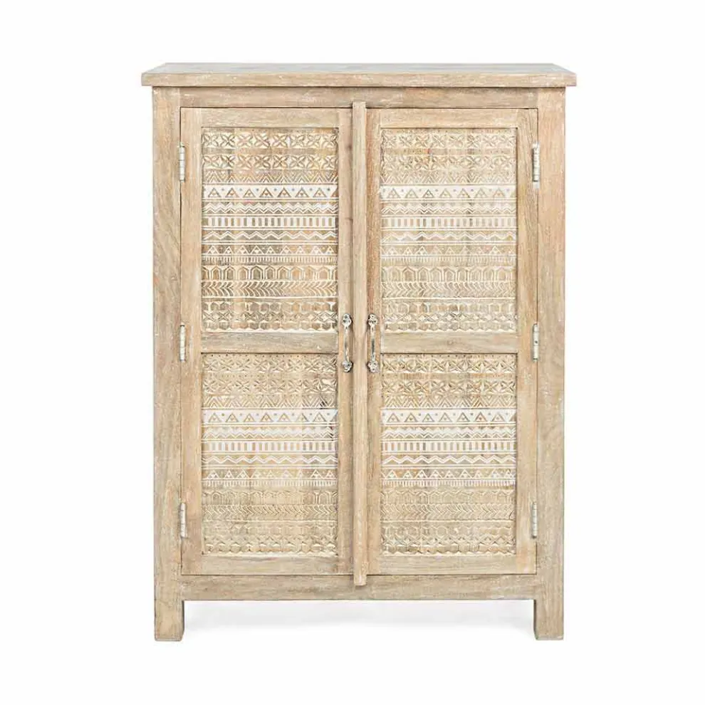 Hohes Sideboard in handverziertem Holz mit Messinggriffen Homemotion - Zotto