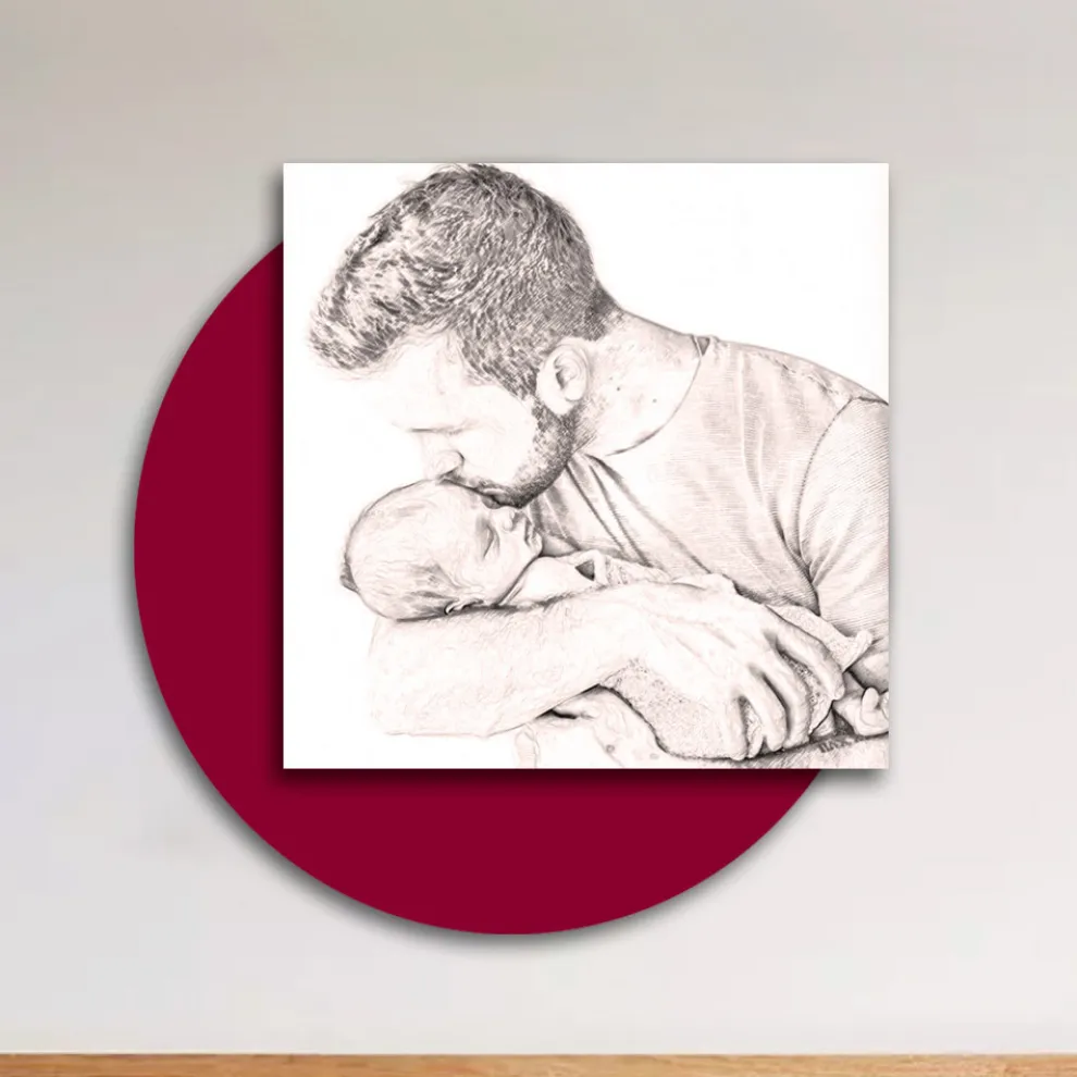 Holzbild mit Aufdruck eines Vaters, der seinen Sohn küsst. Hergestellt in Italien – Belgien