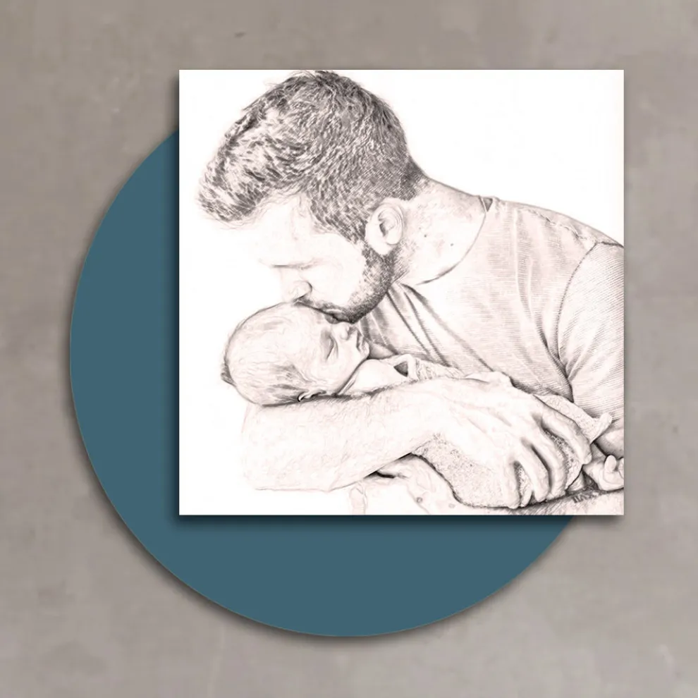 Holzbild mit Aufdruck eines Vaters, der seinen Sohn küsst. Hergestellt in Italien – Belgien