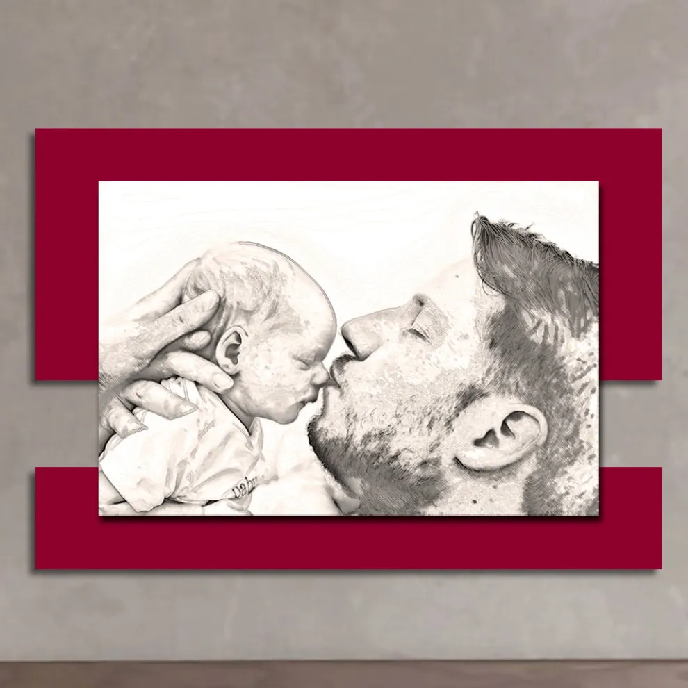 Holzbild mit Aufdruck eines Mannes mit Kind, hergestellt in Italien – Kosovo