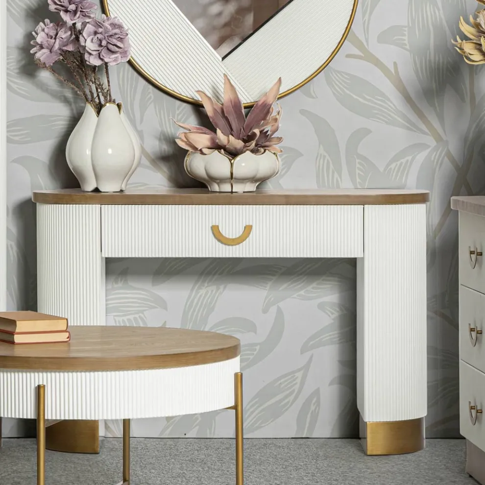 Holzkonsole mit Platte und Einsätzen mit abgerundetem Design und Schublade - Rachel