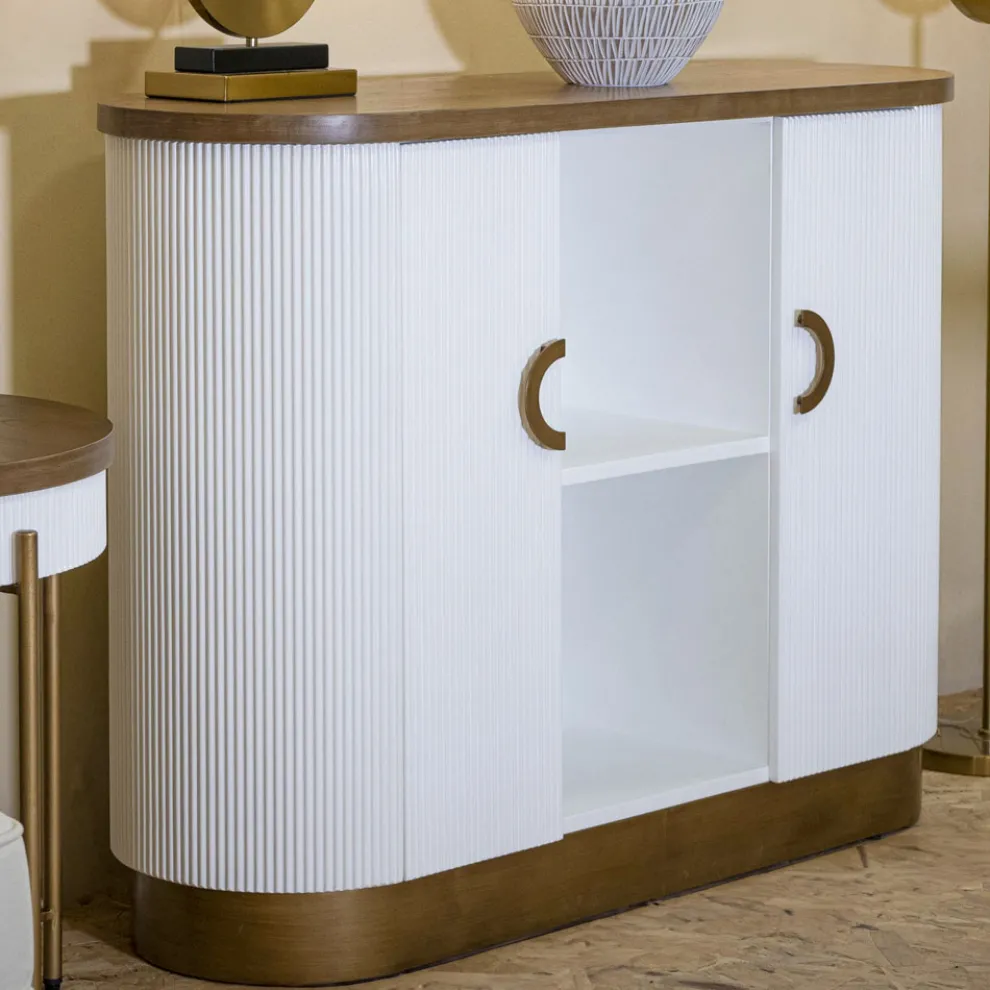 Holzschrank mit Oberteil und abgerundeten Einsätzen mit 2 Türen und 2 Regalen - Rachel