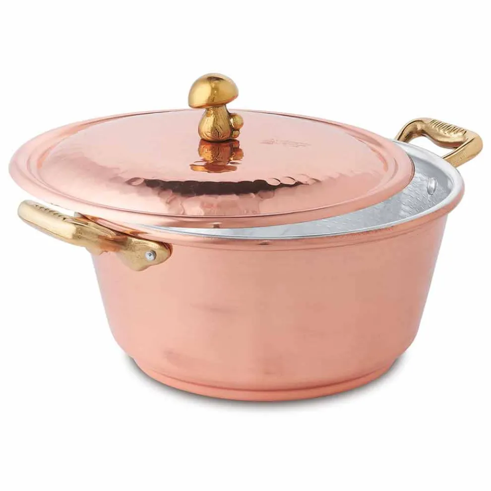 Handverzinnter konischer Ofen Kupferkasserolle und Deckel 24 cm - Marialuna