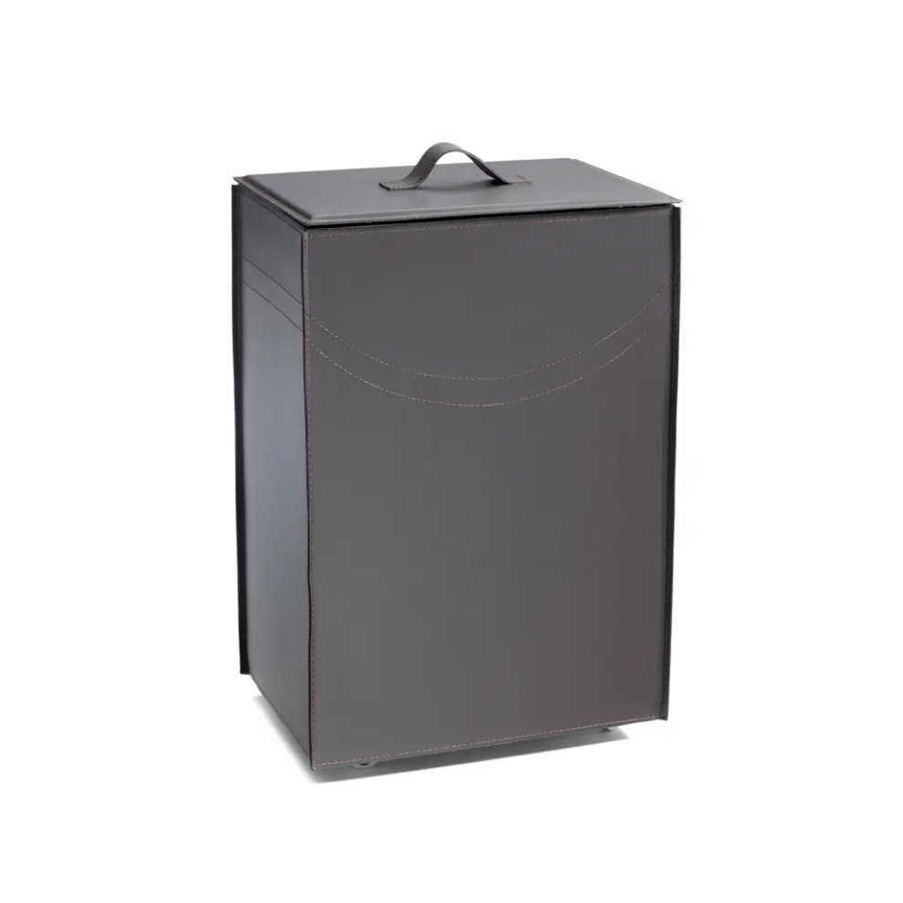 Anthrazitfarbener Leder-Holzbehälter mit Rädern, hergestellt in Italien – Mittagessen