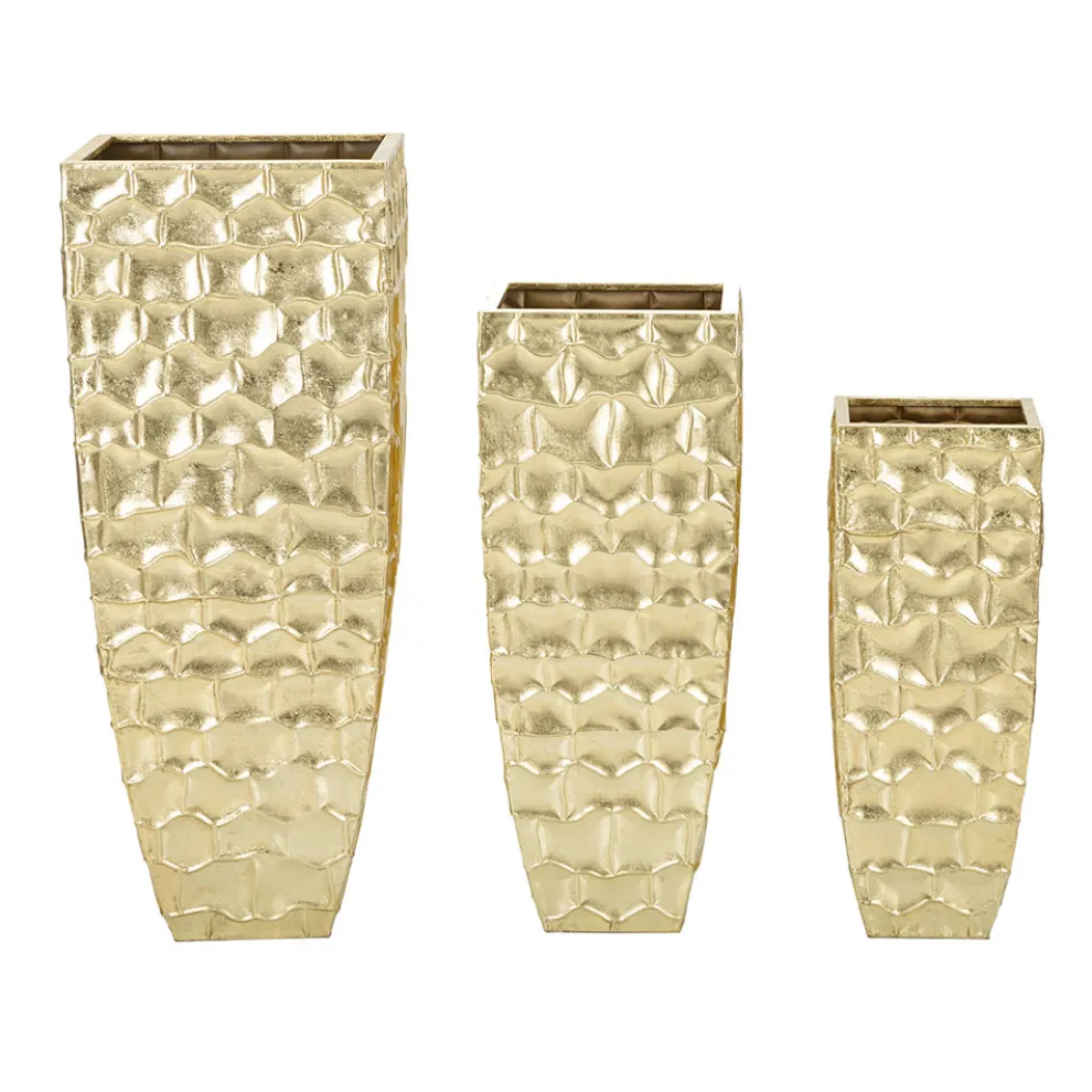 3 quadratische Vasen aus goldenem Eisen mit unregelmäßigen Reliefdekorationen - Walter