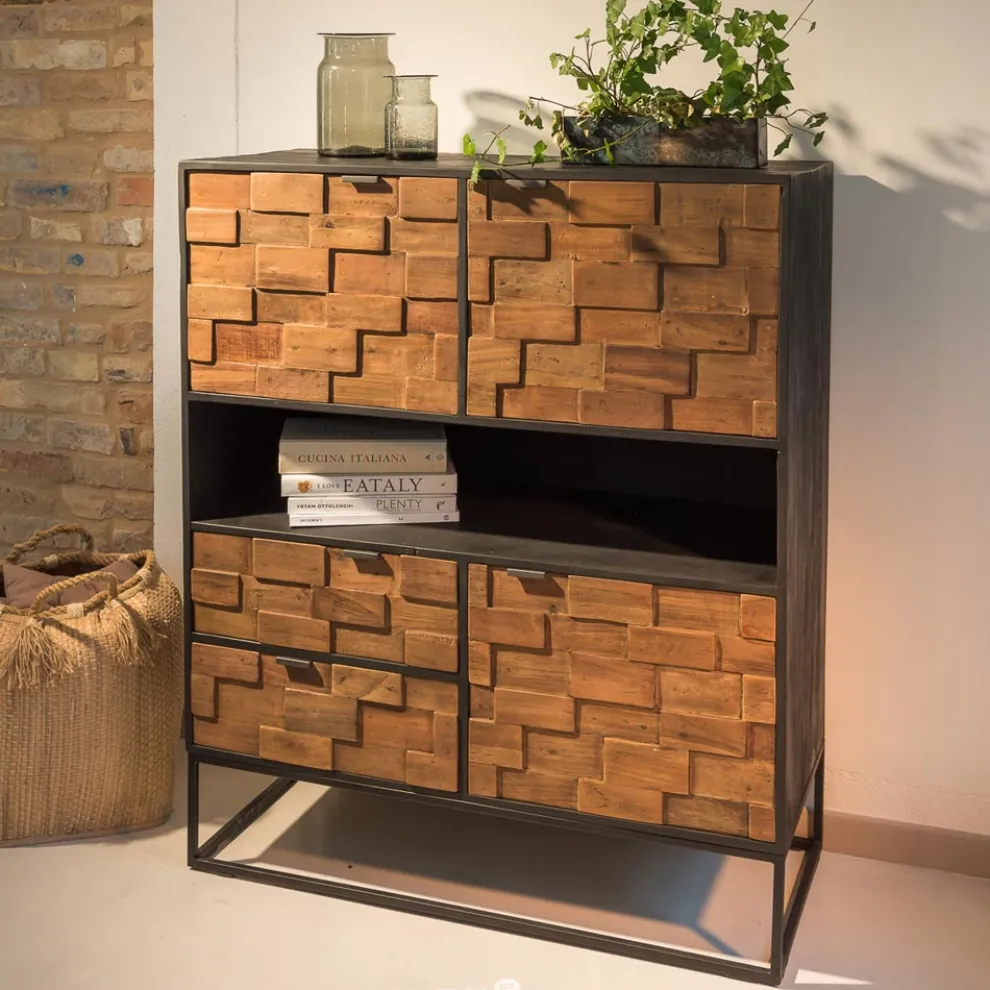 Indoor-Sideboard aus recyceltem Patchwork-Holz und Metallbasis - Slide