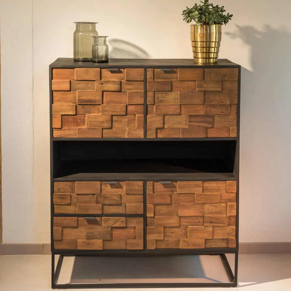 Indoor-Sideboard aus recyceltem Patchwork-Holz und Metallbasis - Slide