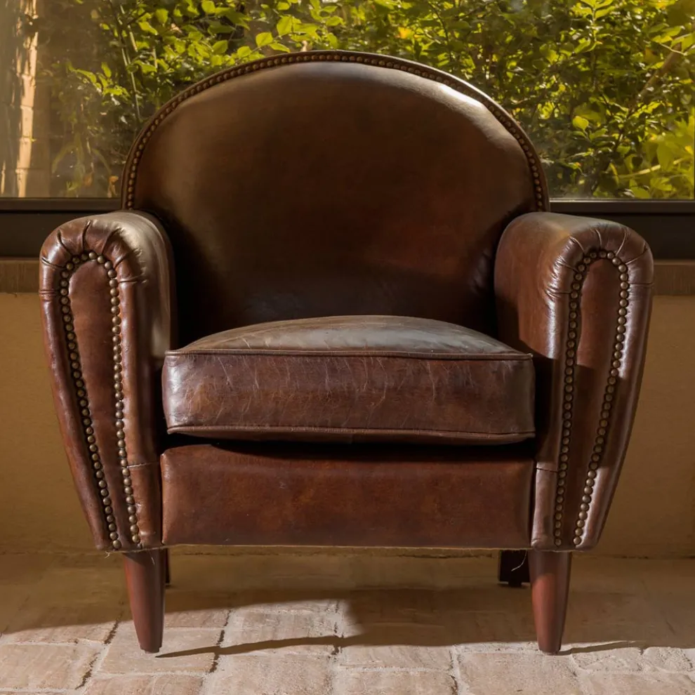 Innensessel aus Vintage-Leder mit gealtertem Effekt in Dunkelbraun – Stempel