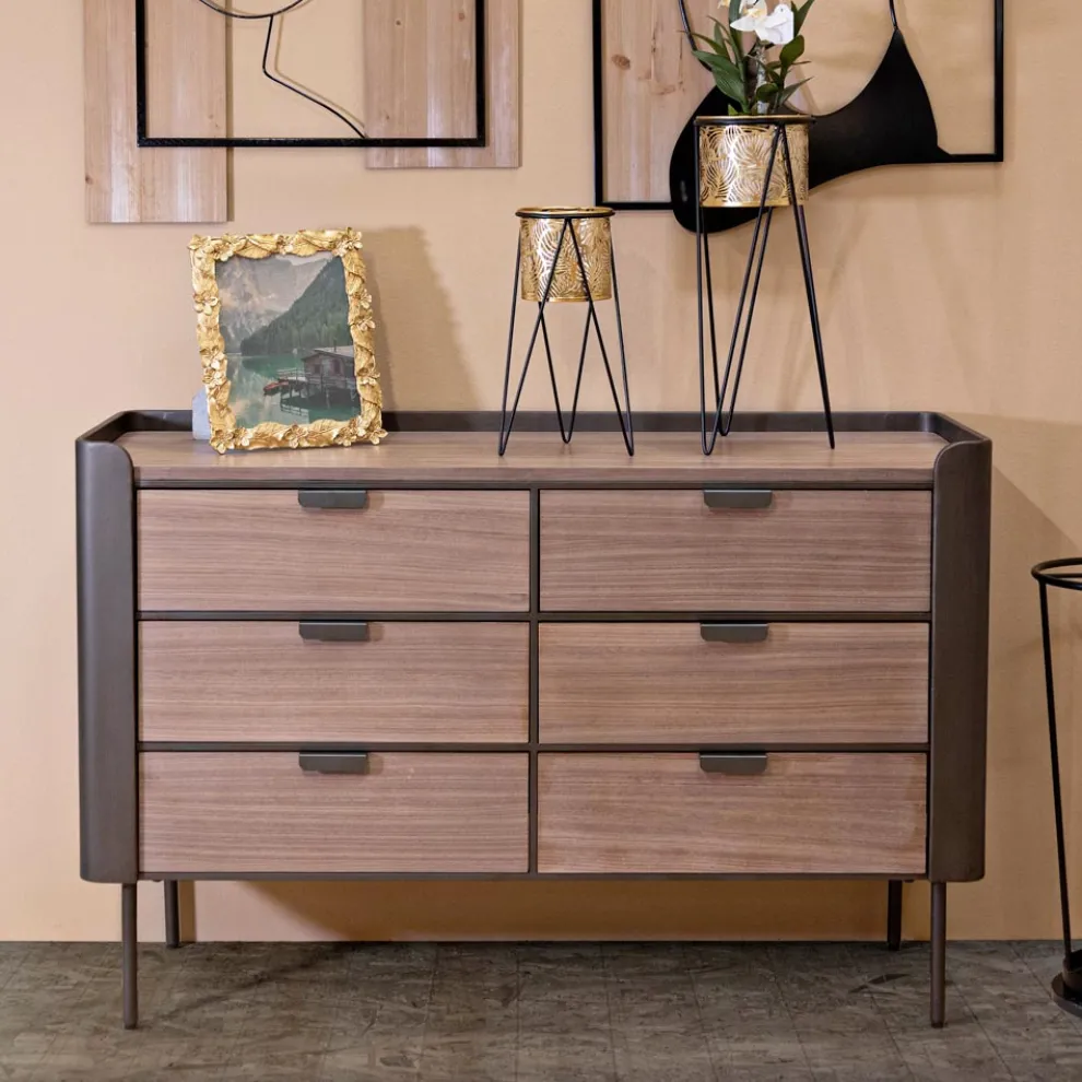 Schlafzimmerkommode aus Tannenholz und Grauguss mit 6 Schubladen - Cooper