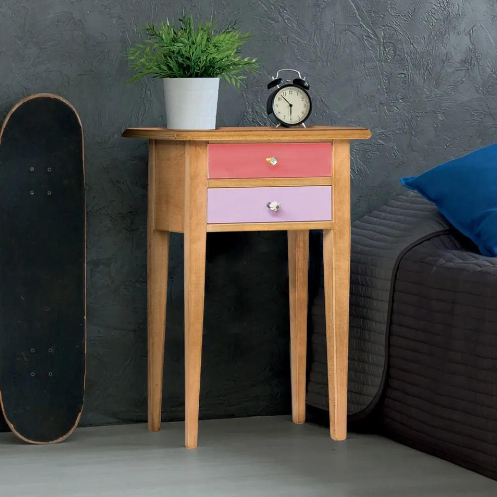 Nachttisch aus Holz mit 2 farbigen Schubladen, hergestellt in Italien – Varuna
