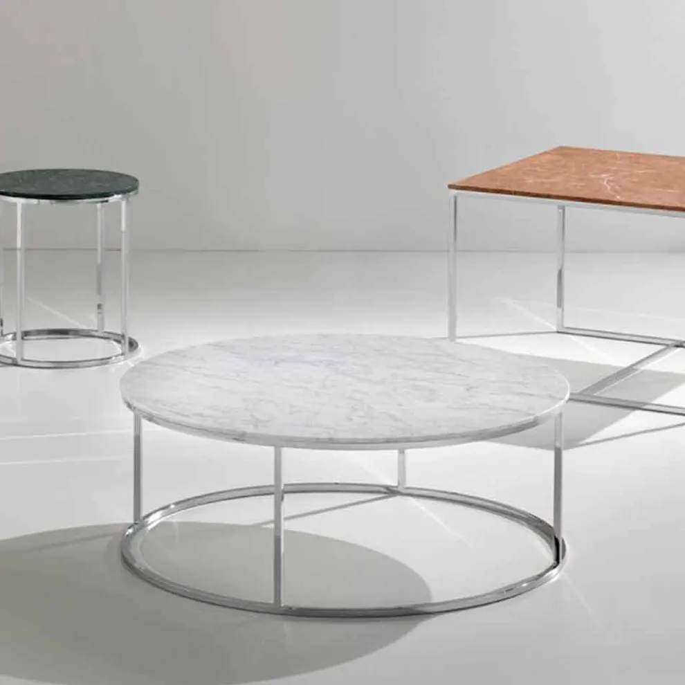 Kaffeetisch aus weißem Carrara-Marmor mit verchromter Basis Zeus