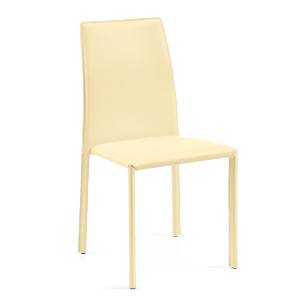 Küchenstuhl aus elfenbeinfarbenem Leder und Stahl, hergestellt in Italien – Cigno
