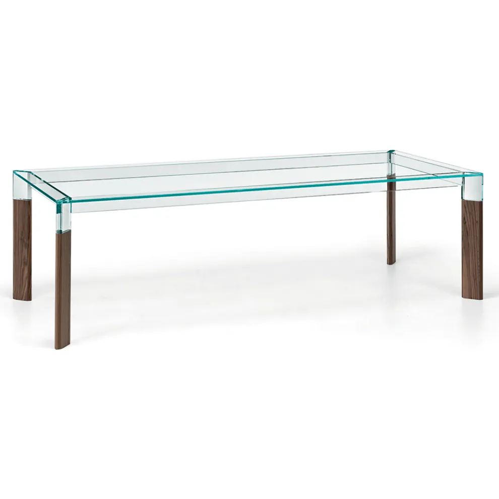 Küchentisch aus extra klarem Glas mit Holzbeinen Made in Italy - Super