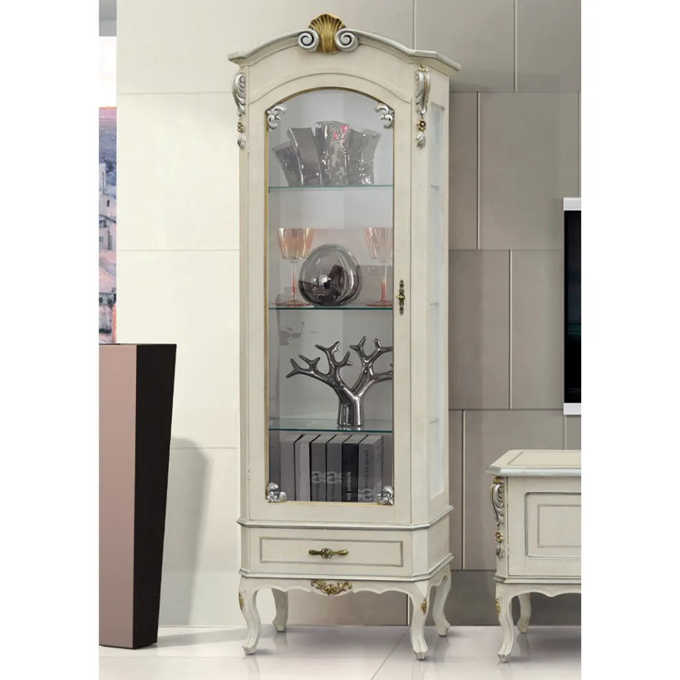 Klassische Vitrine mit Tür und weißer Holzschublade Made in Italy - Cheverny