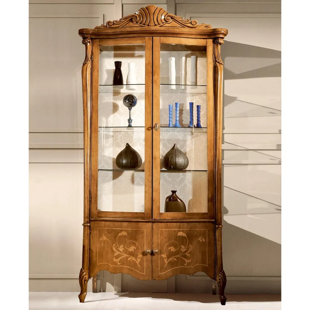 Klassische Vitrine aus eingelegtem Nussbaumholz 4 Türen Made in Italy - Commodo