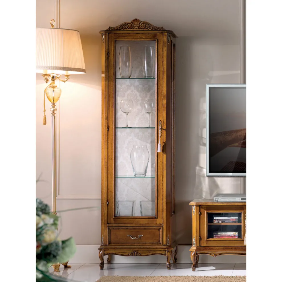 Klassische Wohnzimmervitrine aus Walnussholz, 1 Tür, hergestellt in Italien – Ronald