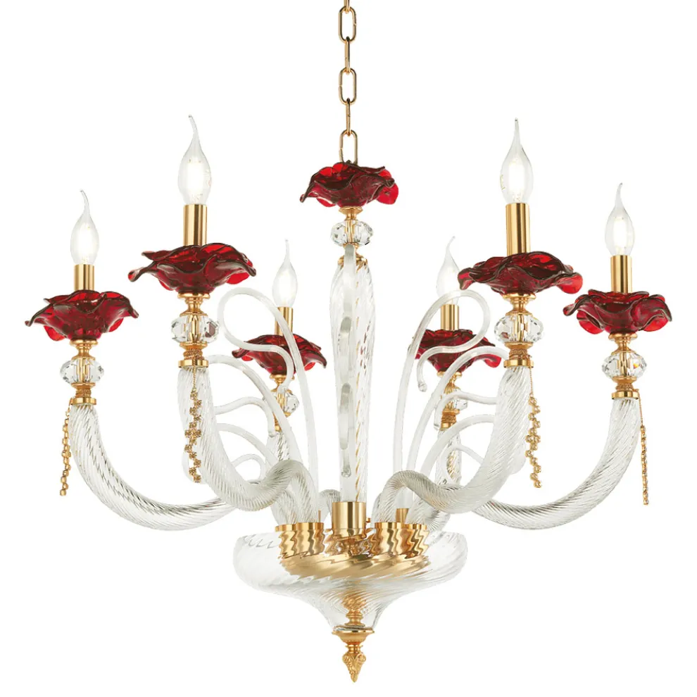 Klassischer 6-flammiger Kronleuchter aus mundgeblasenem Glas mit floralen Details - Bluminda
