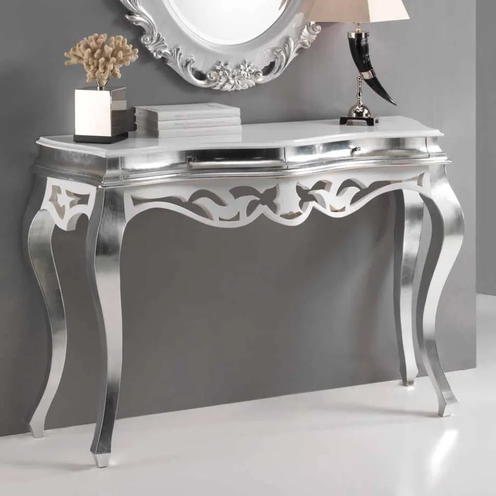 klassischer Konsolentisch mit 2 Schubladen in weiß und Silber Creti