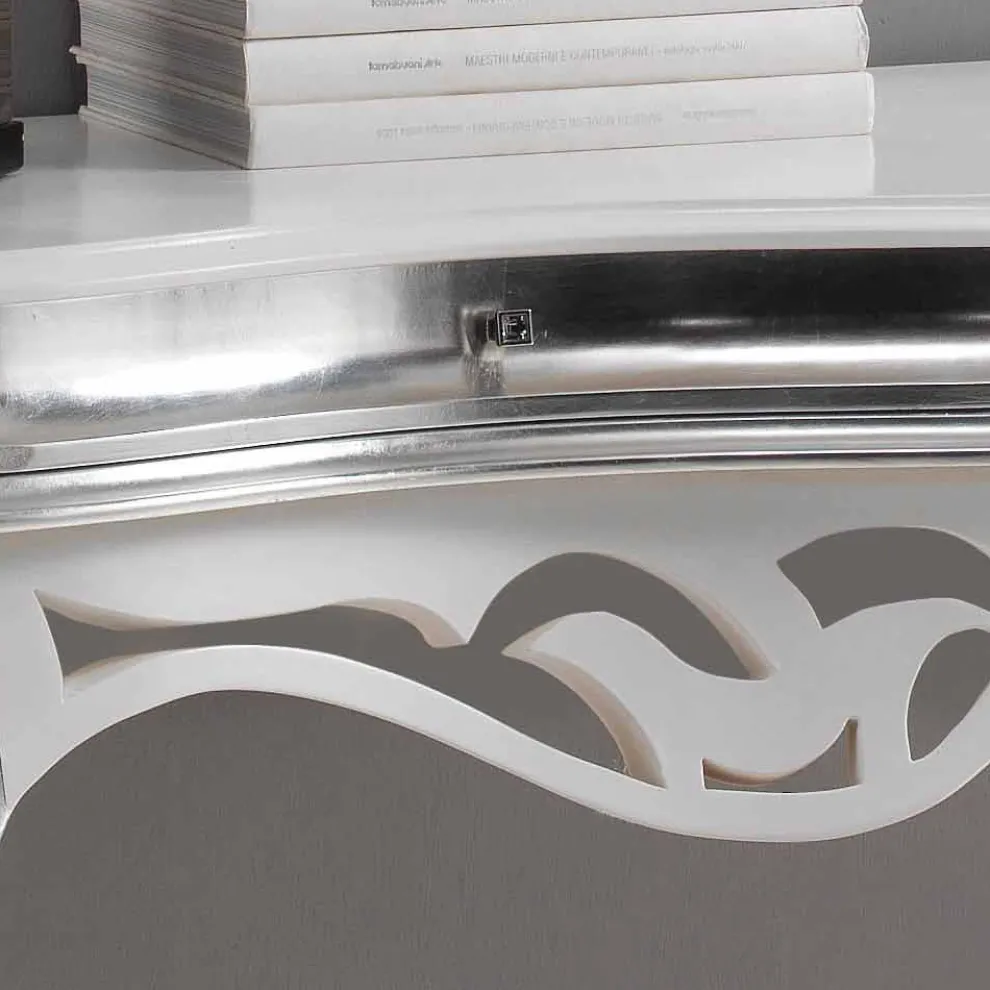 klassischer Konsolentisch mit 2 Schubladen in weiß und Silber Creti