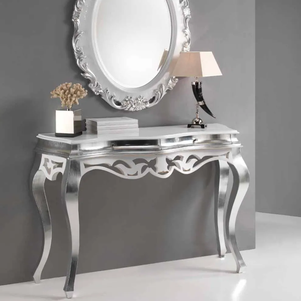 klassischer Konsolentisch mit 2 Schubladen in weiß und Silber Creti