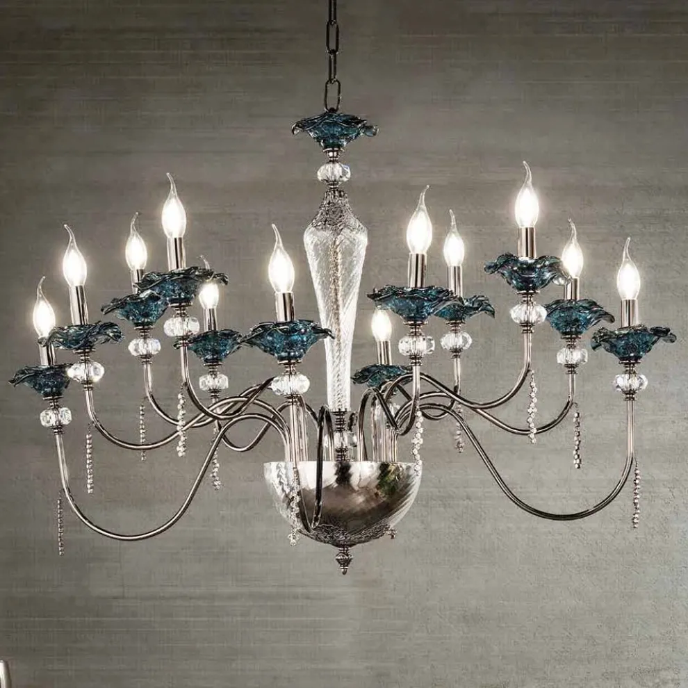 Klassischer Kronleuchter mit 12 Lichtern aus Glas, Kristall und Luxusmetall - Flandern