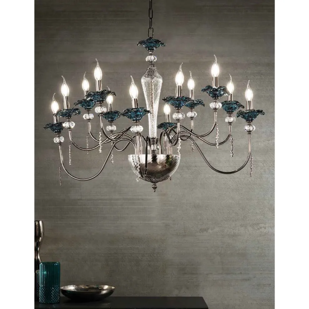 Klassischer Kronleuchter mit 12 Lichtern aus Glas, Kristall und Luxusmetall - Flandern