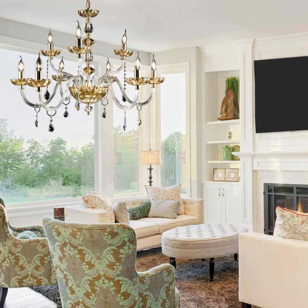 Klassischer Kronleuchter aus 9 Leuchten in Belle Glas und Kristall