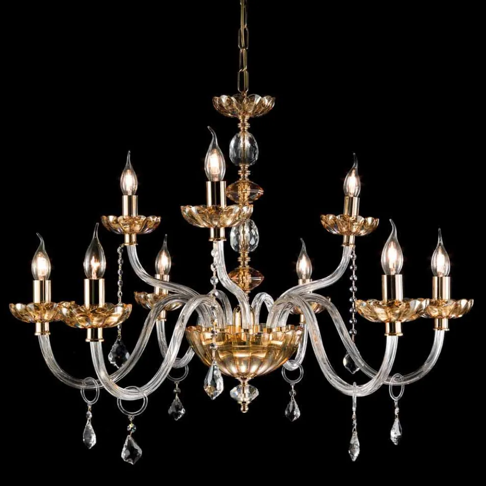 Klassischer Kronleuchter aus 9 Leuchten in Belle Glas und Kristall