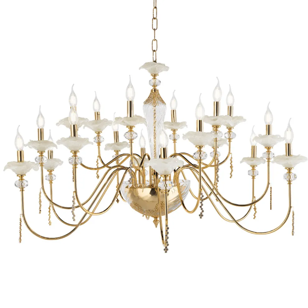 Klassischer Kronleuchter mit 18 Lichtern aus Glas, Kristall und Luxusmetall - Flandern