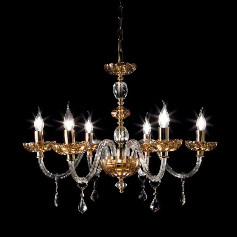 Klassischer Kronleuchter aus 6 Leuchten in Belle Glas und Kristall