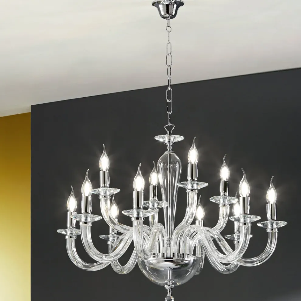 Klassischer Kronleuchter mit 12 Lichtern aus transparentem Glas Made in Italy - Rapallo