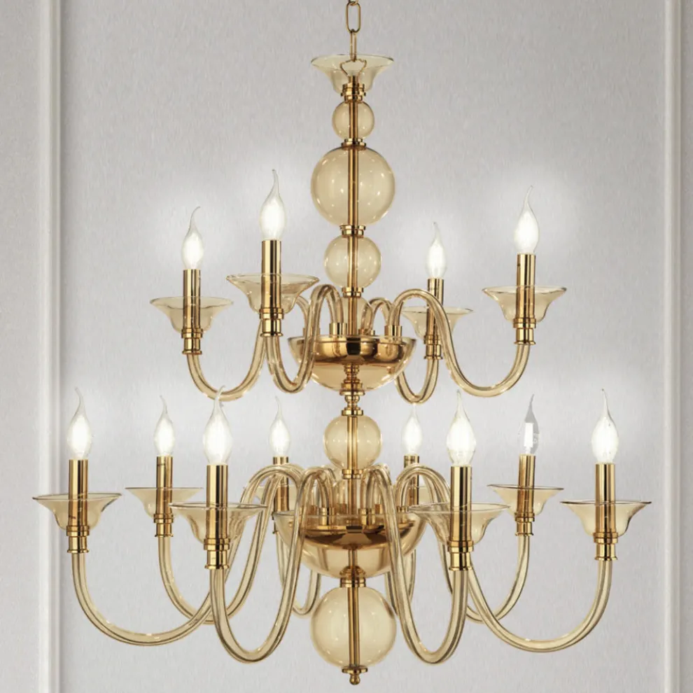 Klassischer Kronleuchter 12 Lichter aus italienischem handgefertigtem Glas und Metall - Memore