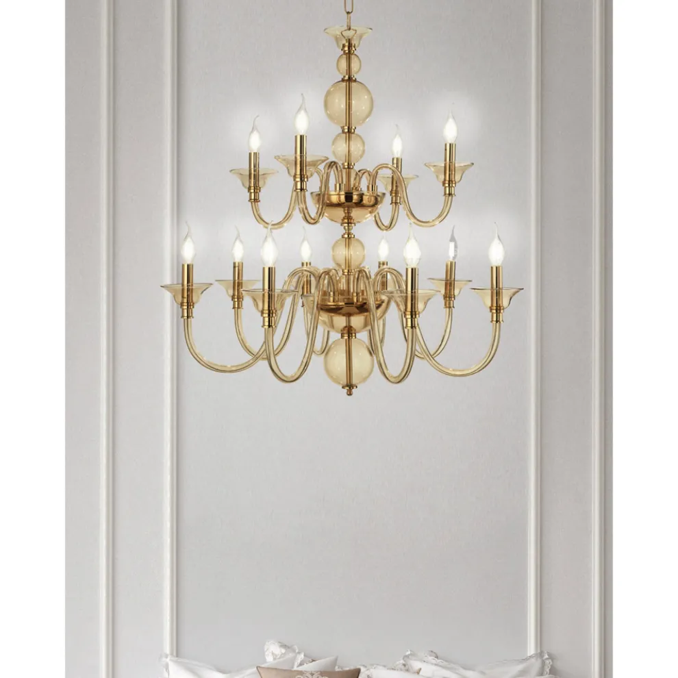 Klassischer Kronleuchter 12 Lichter aus italienischem handgefertigtem Glas und Metall - Memore