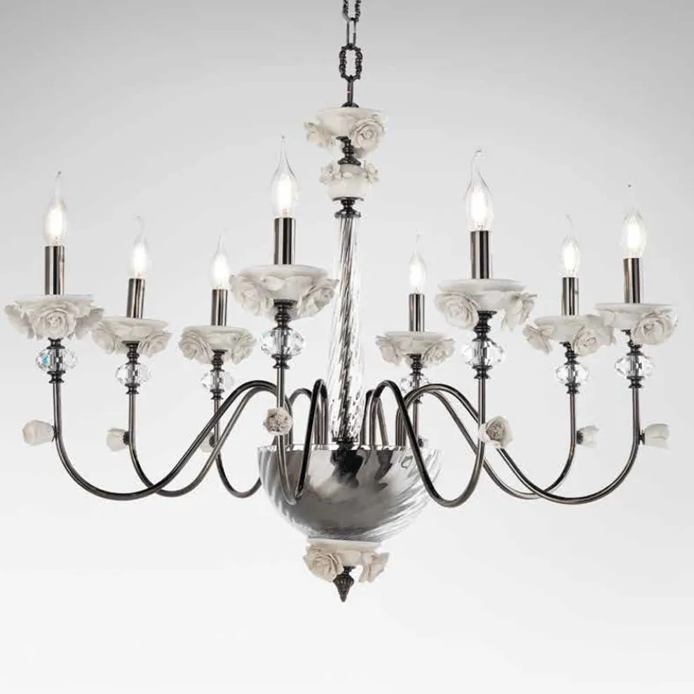 Klassischer Kronleuchter mit 8 Lichtern aus Porzellan und luxuriösem mundgeblasenem Glas - Eteria