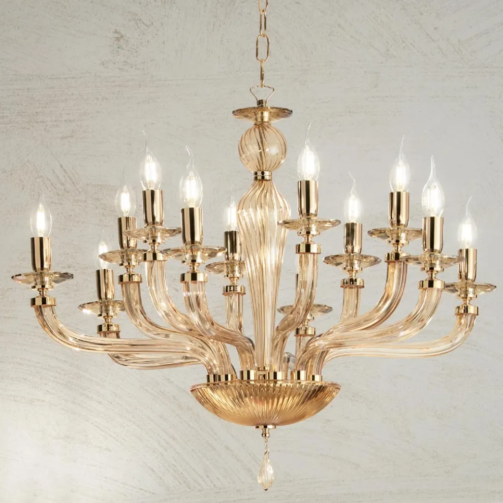 Klassischer Kronleuchter mit 12 Lichtern aus handgefertigtem Rigaton-Glas - Fievole