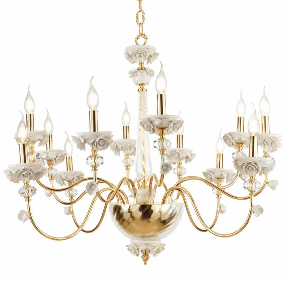 Klassischer Kronleuchter mit 12 Lichtern aus Porzellan und luxuriösem mundgeblasenem Glas - Eteria