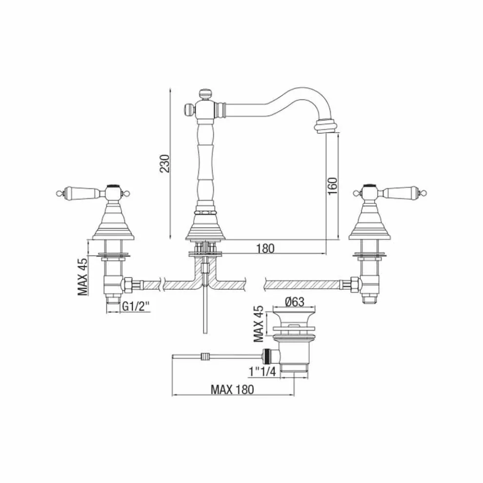 Klassischer 3-Loch Messing Waschtischmischer Made in Italy - Shelly