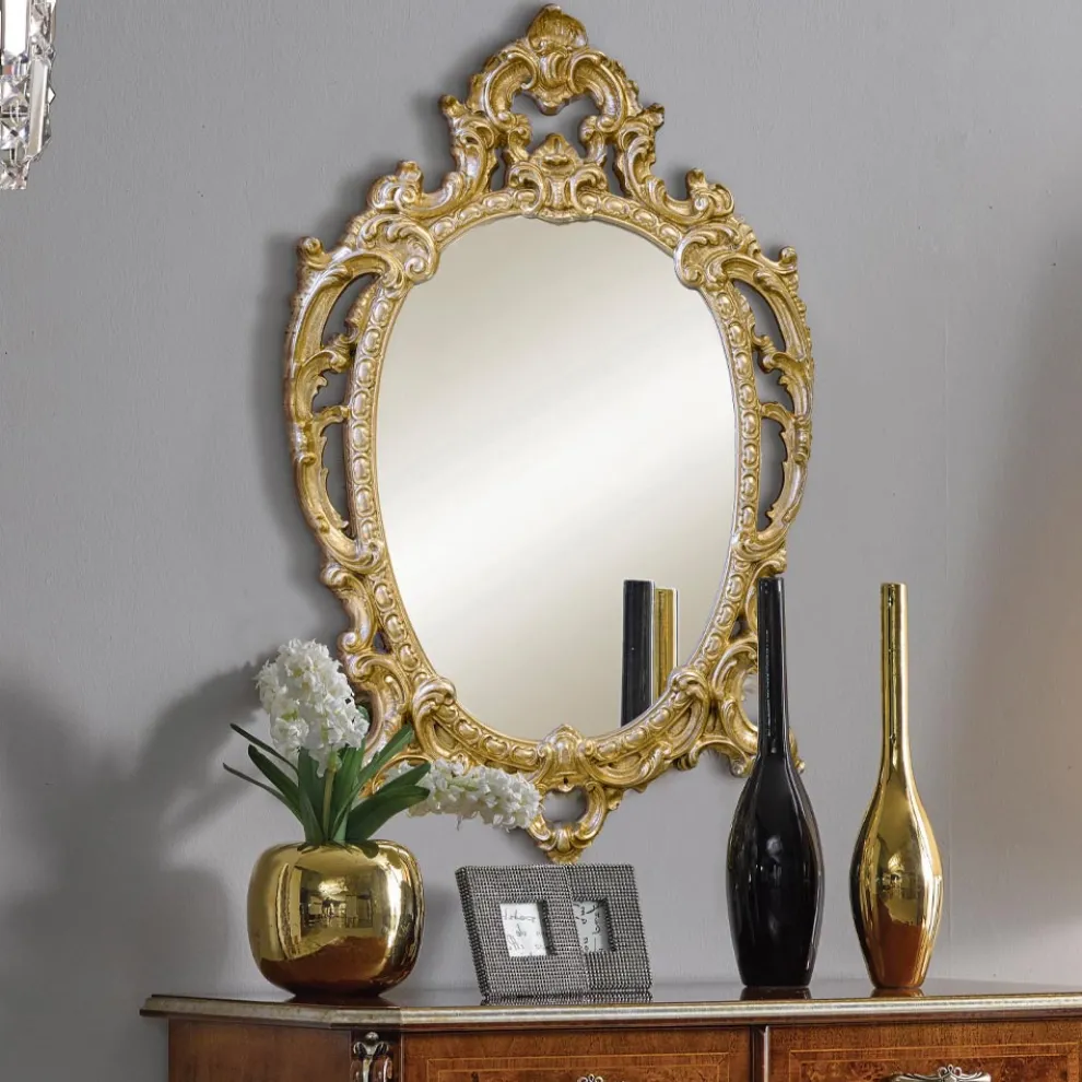 Klassischer ovaler Spiegel aus Blattgold und Blattsilber Made in Italy - Vanessa