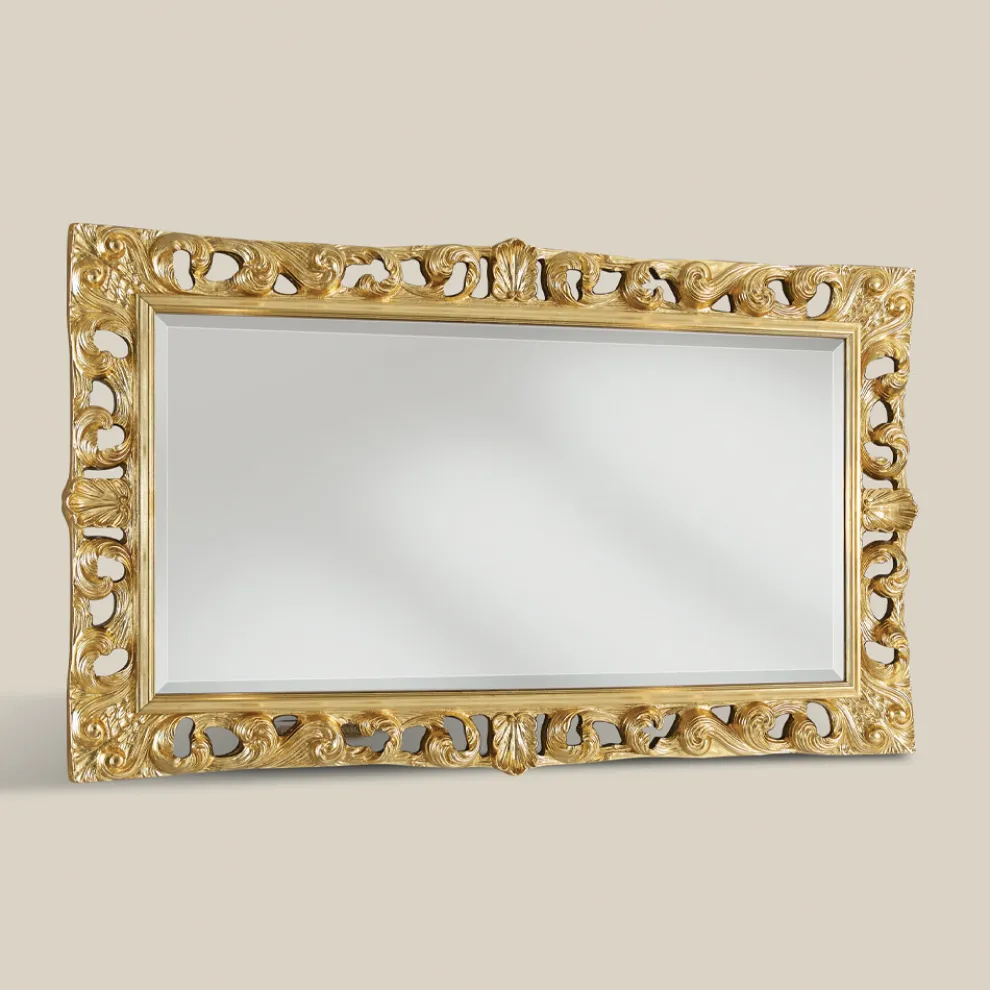 Klassischer rechteckiger Spiegel aus Blattgoldholz, hergestellt in Italien - Denver