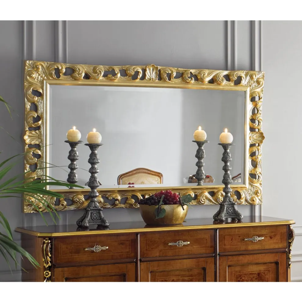 Klassischer rechteckiger Spiegel aus Blattgoldholz, hergestellt in Italien - Denver