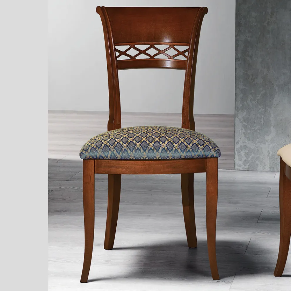 Klassischer Stuhl aus Buchenholz mit verzierter Rückenlehne und Stoff - Milissa