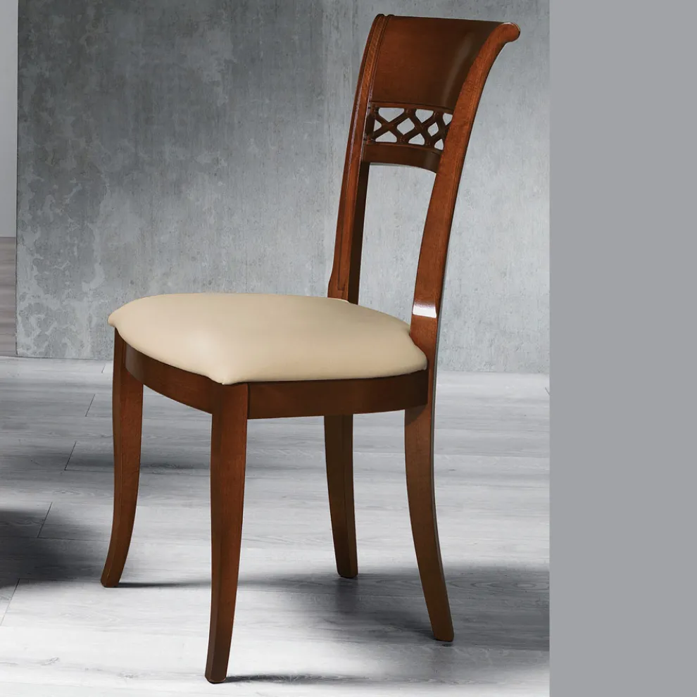 Klassischer Stuhl aus Buchenholz mit verzierter Rückenlehne und Kunstleder - Milissa