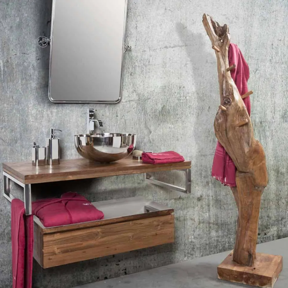 Kleiderständer mit Struktur und Haken aus massivem Teakholz - Tanne