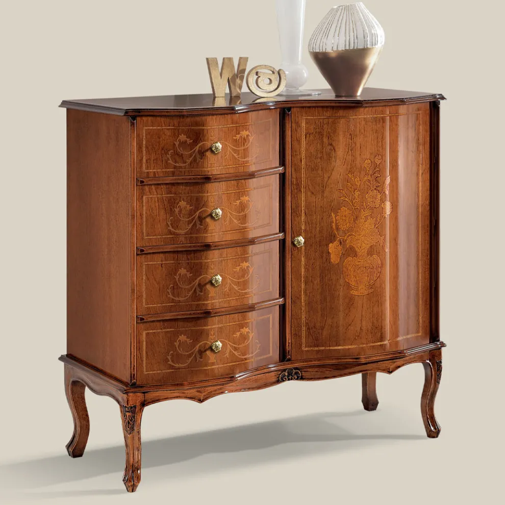Kommode im klassischen Stil mit 1 Tür und 4 Schubladen Made in Italy - Elegant
