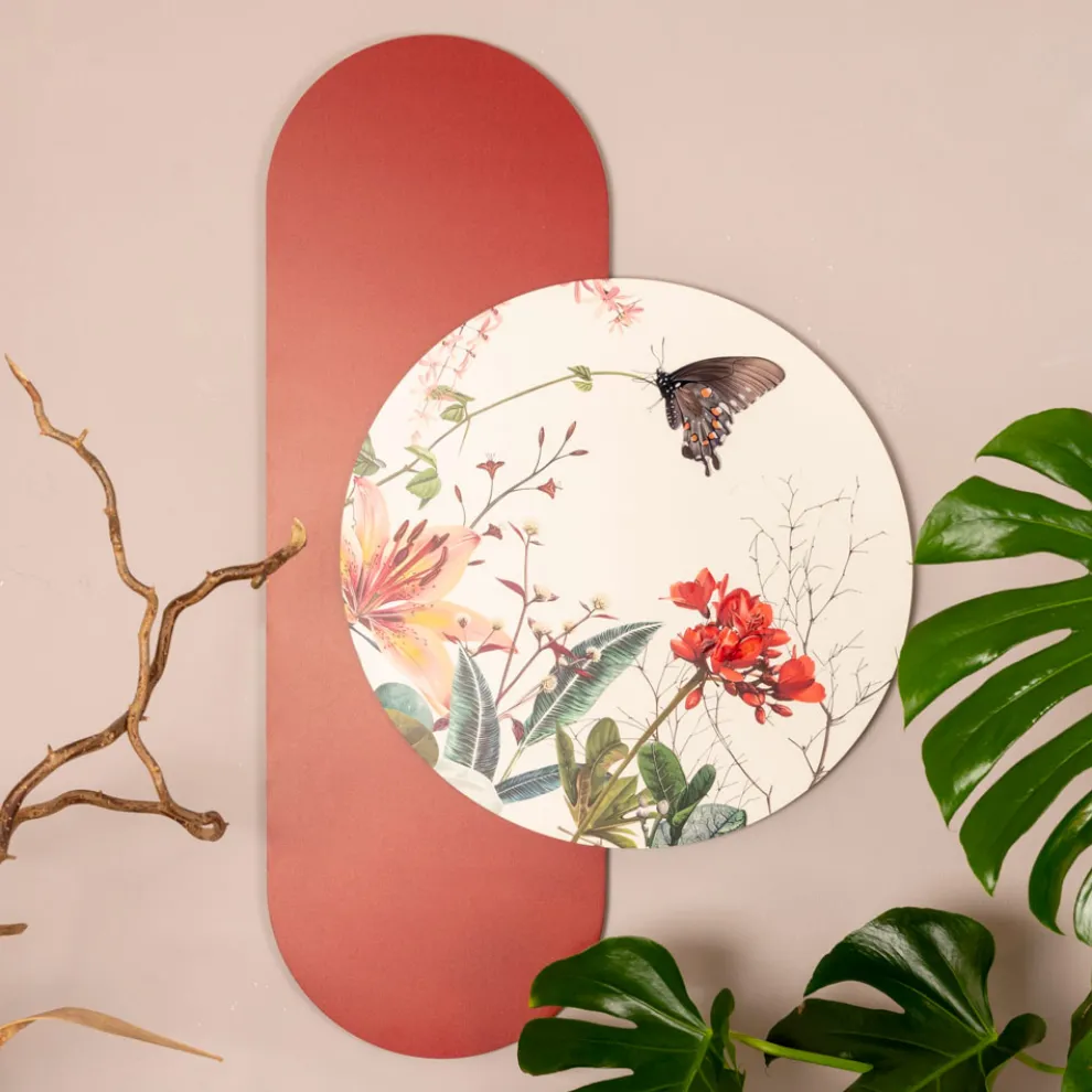 Komposition aus Holzgemälden mit Schmetterlings- und Blumendrucken, hergestellt in Italien – Ecuador