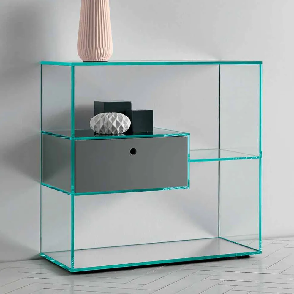 Konsole für Wandeingang aus extra klarem Glas mit lackierter Schublade - Linzy