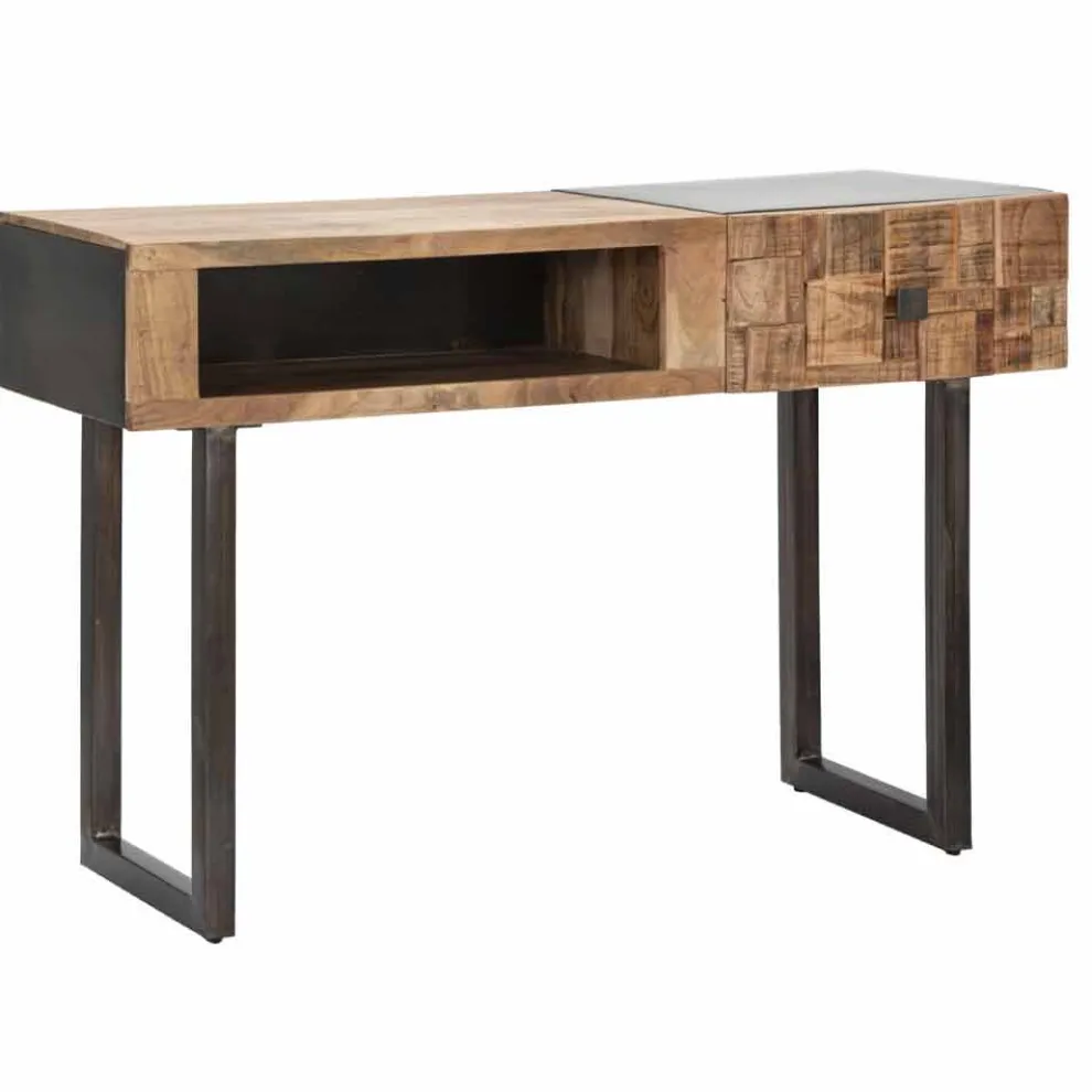 Konsolentisch aus Eisen und Akazienholz mit Design-Schublade - Dena